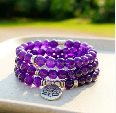 Amethyst Mala Bracelet Purple Beads 8mm Lotus Flower Symbol Jewelry Gifts - Image 1 of 4