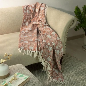 100% Pure Cotton Handblock Printed Throw Blanket, Soft 50" x 60" Fringed Flor... - Bild 1 von 4
