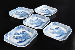 U1729: Japanese Old Imari-ware Blue&White Landscape SERVING PLATE/dish 5pcs, - Picture 1 of 8