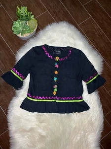 Cardigan maglione Michael Simon vintage nero frutta tema estivo - Foto 1 di 8