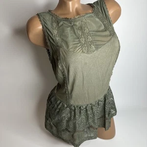 Bebe Olive Green Lace Mesh Peplum Tank M Fairy Grunge Romantic Gothic Cottage - Picture 1 of 11