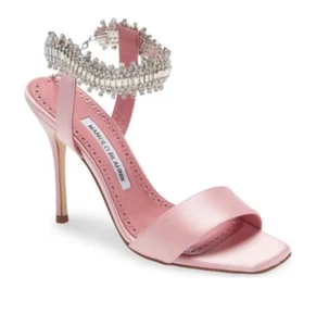 Manolo Blahnik Parinasan Satin Crystal Embellished Ankle-Strap Pink Sandals 37.5 - Picture 1 of 12