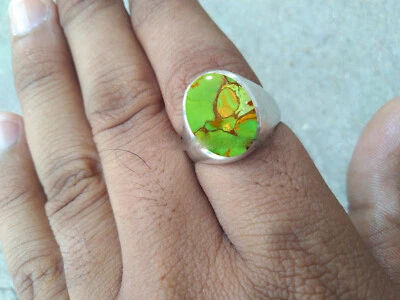 Solid 925 Sterling Silver Natural Green Turquoise Gemstone Partywear Men's Ring - Image 1 of 4