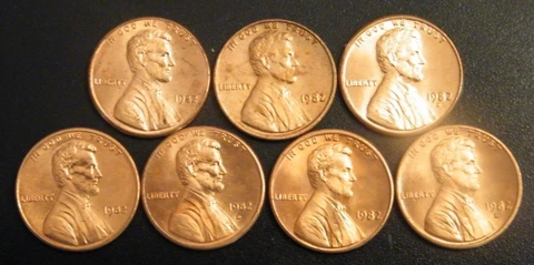 1982 PD Lincoln Memorial Uncirculated Cent 7 Coin Variety Penny Set US Mint Coin Cover