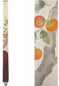 Kyoto Tapestry Persimmon and Bird White-eye Wall Deco Handpainted Linen Japan - Picture 1 of 8