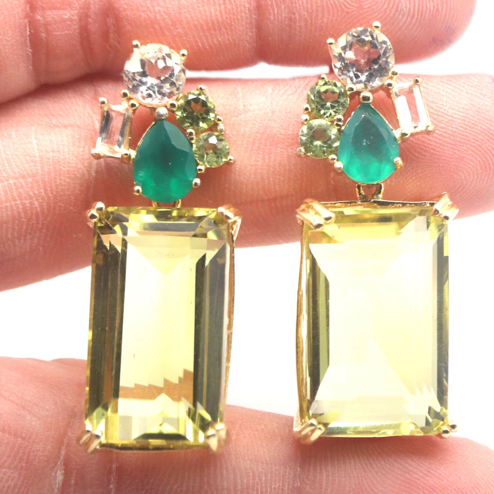 Pendientes de cuarzo, ágata y topacio amarillo limón con piedras preciosas sin calentar de plata 925 Foto 1 de 4