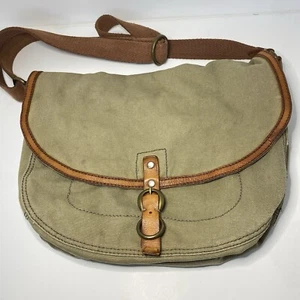 LUCKY BRAND Jeans Canvas Leather Trim Large Messenger Purse Bag Army Green - Picture 1 of 23