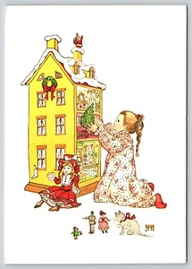 Postkarte Mädchen spielt mit Puppenhaus auf Weihnachtskunst von Carol Watson Kätzchen - Bild 1 von 2