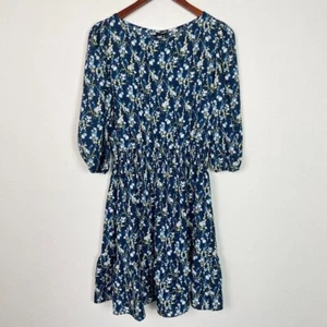 Maison Tara Floral Tiered Knee Length Fit & Flare Dress Blue Petite Women 8P - Picture 1 of 10
