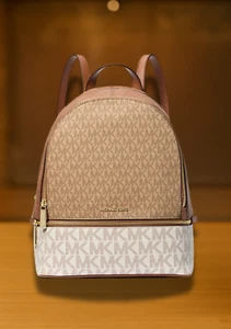 Michael Kors Rhea Women Medium Color-Block Logo Zip Pocket Backpack Camel Multi - Picture 1 of 17