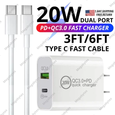 Adaptador de corriente de pared USB tipo C de 20 W cargador rápido cable de datos PD para Samsung Google Foto 1 de 4