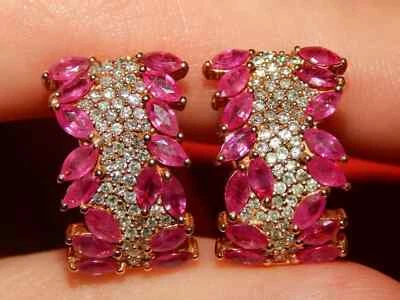 4Ct Round Cut Lab Created Ruby Cluster Hoop Huggie Earrings 14K Yellow Gold Over - Image 1 of 3