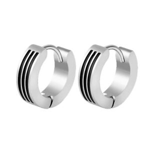 Zense - Stainless Steel 2­tone Diagonal Stripe Hoop Huggie Men Earrings ZE0007