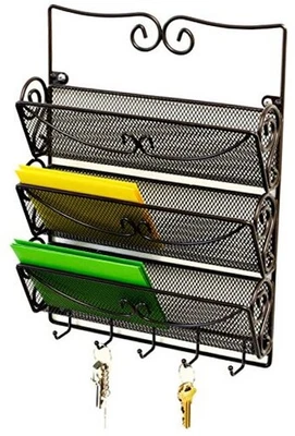  Wall Mail Organizer with 5 Key Holder, 3 Tier, Bronze  - Image 1 of 4