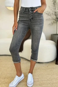 Judy Blue Full Size Button Fly High Waist Cuffed Capris - Picture 1 of 18