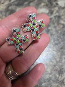 Vintage MJ Colorful Enamel Cross Earrings 1" × 3/4" ☆ - Picture 1 of 6