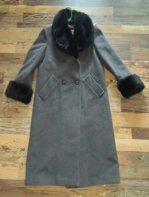 Abrigo largo Marvin Richards de colección negro 100 % lana de cordero ribete de piel sintética para mujer talla 8 Foto 1 de 4