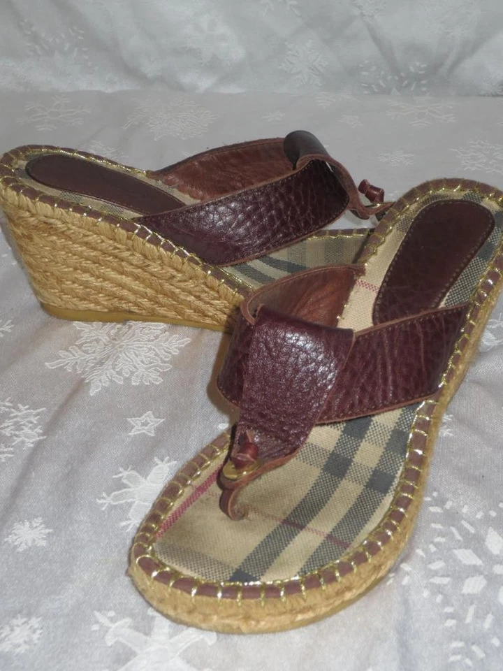 BURBERRY Womens BROWN Leather NOVA CHECK WEDGE ESPADRILLES Flip Flops Shoes 37 7 - Image 1 of 1