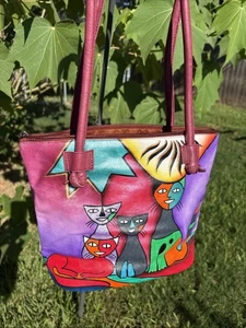 Cat Family Tote Leather - hand painted by Shina First Fashions Beautiful- NWT - Picture 1 of 6