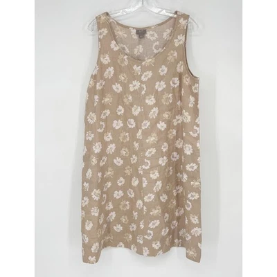 J Jill L Large Tan Linen Floral Sleeveless Boho Coastal Beachy Vacation Dress - Image 1 of 4
