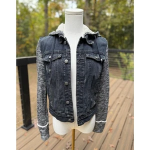Free People Black Denim Knit Sleeve Sherpa Hooded Jean Jacket Size S - Picture 1 of 7