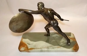 Vintage Borghese Gladiator Bronze Colored Metal Sculpture Polished Jadite Base - Picture 1 of 20
