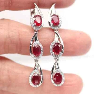 3 Ct Oval Simulated Red Ruby Drop/Dangle Earring 14k White Gold Plated Silver - Picture 1 of 4