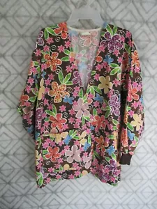 Tafford Scrub Jacket Size S Multi Colors Floral Snap Up Front V Neck Long Sleeve - Picture 1 of 3