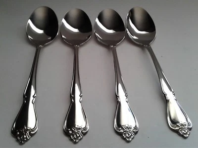 Oneida ARBOR ROSE TRUE ROSE 4 Soup Spoons Stainless EXCELLENT!  (K33) - Image 1 of 4