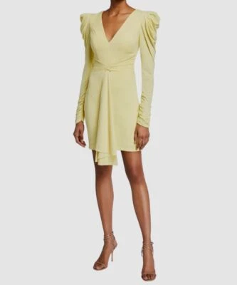 $395 Vestido de cóctel para mujer Jovani amarillo cuello en V manga larga drapeado frontal talla 12 Foto 1 de 3