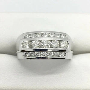 14K White Gold Finish 1CT Round Simulated Diamond 3-Row Men’s Channel Band Ring - Picture 1 of 4