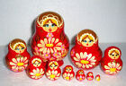 Beautiful Russian Nesting Doll~10pc~5"~CUTE~DAISIES ON BRIGHT RED ~HAND PAINTED 