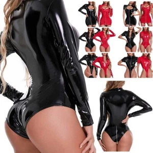 UK Women Wet Look PVC Leather Keyhole Bodycon Dress Long Sleeve Zipper Clubwear - Picture 1 of 29