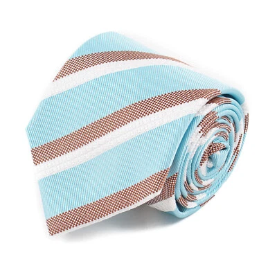 Corbata de seda Luigi Borrelli Napoli azul aguamarina sarga con rayas marrones y blancas nueva con etiquetas Foto 1 de 4