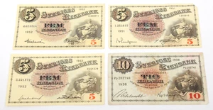 1951 5 Kronor 1952 5 Kronor 1938 10 Kronor Banknotes Currency Sweden Bills Notes - Picture 1 of 2