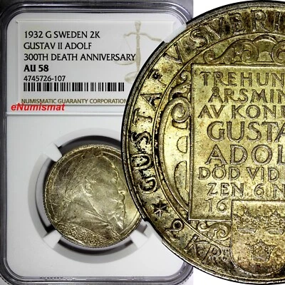 SWEDEN Silver 1932 G 2 Kronor NGC AU58 1 YEAR Death of Gustaf II Adolf KM#805(7) - Image 1 of 4