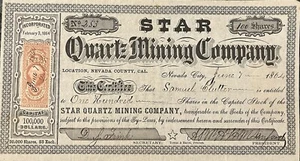 Star Quartz Mining Company Aktienzertifikat, Nevada City, Cal 1864 - Bild 1 von 1
