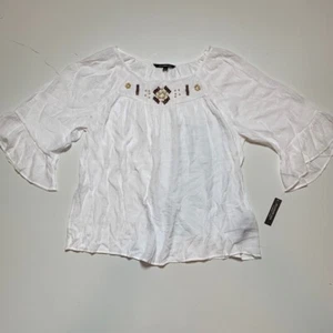 Zac & Rachel Womens Blouse White Bell Sleeve Scoop Neck Beaded Top Plus 2X New - Picture 1 of 8