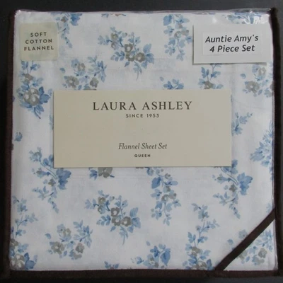 LAURA ASHLEY Queen Sheets Soft Flannel "Audrey" Blue Gray Floral 4Pc Sheet Set - Image 1 of 4