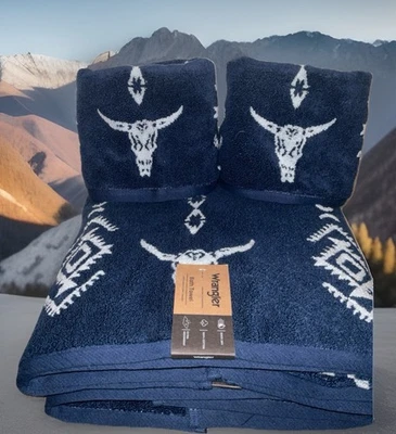 WRANGLER HOME NAVY BONE STEER HEAD SKULL 2 BATH 2 HAND TOWEL SET NWT - Image 1 of 4