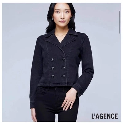 Chaqueta de Jean Militar L’Agence Azul Admiral Crop Denim Doble Pecho Talla Pequeña Foto 1 de 4