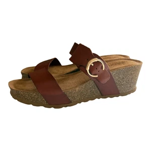 Yokono karamellbraun Kork Keilabsatz Leder Riemchen klassische Pantoletten Sandalen Größe 9,5 - Bild 1 von 7