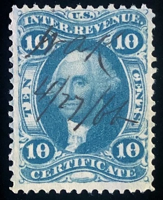 1862 US Revenue R33c Blue 10c Certificate Tax Stamp Pen Cancel F-VF Used - Image 1 of 3