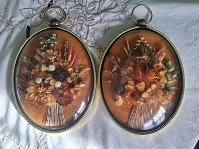 Set of 2 Vintage Belgian CideArt Wall Art Dried Flowers Convex Domed Glass  - Image 1 of 4