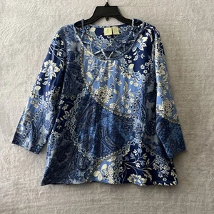 Caribbean Joe Womans Blouse Top Blue XL Geometric Long Sleeve Round Neck - Picture 1 of 7