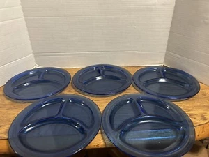 LE Smith Glass Co Cobalt Blue 9" Divided Luncheon Plate Homestead Pat Set Of 5 - Picture 1 of 6