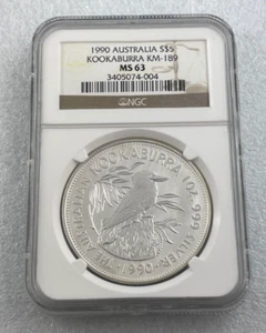 1990 Australia Kookaburra KM-189 1oz Silver $5 Professionally Graded NGC MS63 - Picture 1 of 2