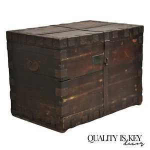 19th C. English Oak Wood and Steel Banded Safe Storage Cabinet Chest Trunk - Picture 1 of 13