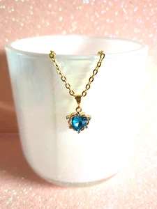 💗Pretty Turquoise Blue Rhinestone Heart Charm Pendant Gold Plated Necklace💗 - Picture 1 of 9