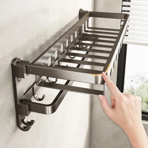 Double Tier Towel Rail Holder Wall Mounted Bathroom Rack Shelf With Hook Folding - Picture 1 of 16